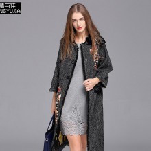 欧美大牌2016秋冬新款女装千鸟格刺绣外套绣花七分袖女士风衣