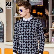 2016秋冬新款男式针织衫 套头圆领几何图形毛衣 欧美时尚毛