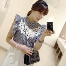14年韩国原单品牌 清新气质格子拼接镂空勾花百搭无袖女衬衫