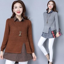 2017年春季新款长袖纯色假两件韩版百搭甜美针织衫女潮毛衣