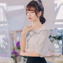 2017夏装新款海军风镶边翻领小清新系带蝴蝶结中袖百搭衬衫