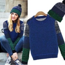 欧美街头 圆领拼色毛衣 秋冬套头针织衫 2014秋冬女新款