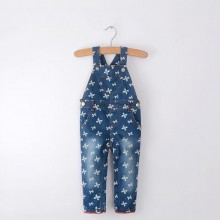 外贸童装 15春款 爱心口袋 蝴蝶节印花 儿童牛仔背带裤 童