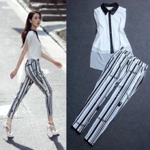 高圆圆明星同款娃娃领无袖衬衣+条纹小脚裤时尚休闲套装批发