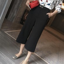 春季新款 韩版高腰显瘦金色暗扣七分裤 阔腿裤 休闲裤女