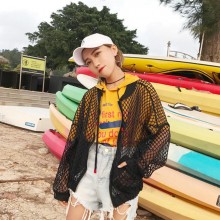 春季2017女装白色宽松镂空网格外套女短款长袖显瘦立领防晒衣