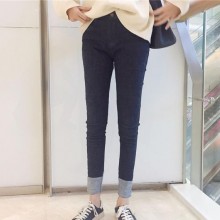 绿儿 实拍 2017新款高腰显瘦修身拼色牛仔小脚裤 一件代发