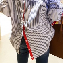 17春季chic 经典竖条纹撞色后开叉休闲长袖衬衫