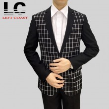 韩版修身小西装 男士西服青年商务单西外套格子时尚休闲拼色上衣