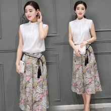 一件代发夏季新款女式套装时尚名媛气质棉麻上衣+雪纺印花阔腿裤
