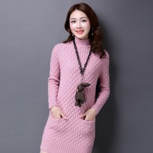 女士宽松麻花半高领毛衣秋冬中长款针织衫优雅时尚打底衫女毛衣