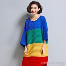 大码宽松套头中长款条纹圆领女毛衣彩虹撞色秋冬甜美针织衫