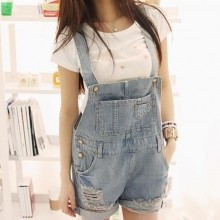 2015夏季新款女式背带裤 时尚磨破牛仔背带裤 学院风牛仔短