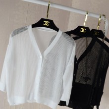 FD韩国原单夏季女装透视针织开衫 竖条插肩款七分袖V领防晒开