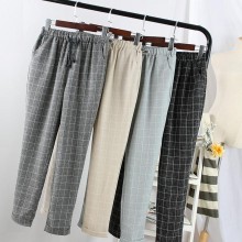 2016韩版潮牌春夏女装新款 格纹棉麻系带休闲卷边哈伦裤 长