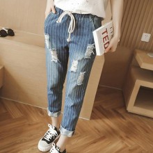 胖mm春装宽松牛仔裤 加肥加大码潮女哈伦裤