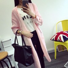 2015秋季新款韩版长款镂空披肩针织开衫宽松纯色女毛衣开衫外