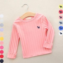 韩版童装 单层坑条男童女童纯棉针织衫 刺绣小狗长袖打底衫