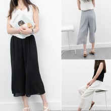 2017百搭纯色柔美雪纺裤裙休闲裤女 阔腿裤韩版九分裤修身显