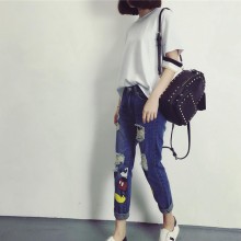 2016夏装新款韩版百搭宽松破洞卡通印花米老鼠九分牛仔哈伦裤