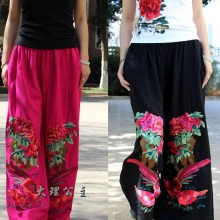 K-JZ  夏装民族风薄款亚麻绣花阔腿裤裙裤休闲裤长裤显瘦
