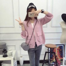 2016秋季女装毛衣韩版宽松灯笼袖毛衫纯色双口袋加厚针织开衫