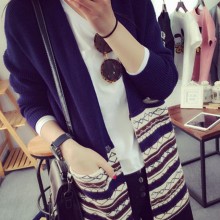 外套女针织衫2016春秋新款民族风中长款口袋宽松毛衣针织开衫