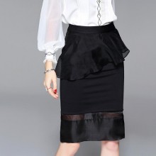 欧美2017春夏包臀裙荷叶边一步裙子OL职业高腰真丝裙半身裙
