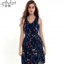 兰思图 欧洲站女装交叉露背印花连衣裙无袖中长款大摆收腰蓬蓬裙