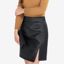 2016秋冬新款PU皮前开叉包臀裙修身一步裙皮裙半身裙