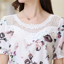 新款女夏装上衣  印花短袖蕾丝雪纺衫  宁阳经纬纺织品  新款女装批发  蕾丝衫/雪纺衫