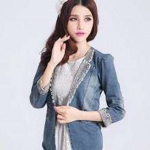 2014春秋新款牛仔女装外套蕾丝串珠修身韩版小西装
