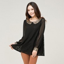新款春装娃娃领雪纺衫 宽松大码蕾丝雪纺衫 大版女装批发厂家直