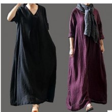 QZ民族风2015秋装新款圆领长袖大码棉麻连衣裙胖MM宽松气