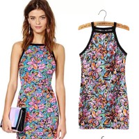 YHD K570女式夏季新品欧美风修身时尚印花无袖包臀背心裙连衣裙