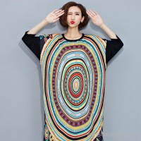 实拍欧美时尚丝绸料彩色大图案中袖连衣裙