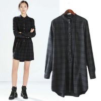 FG K550女式春季新款欧美风修身时尚格纹印花褶皱长袖衬衫连衣裙