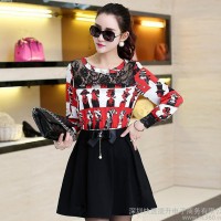 2016新款女装优雅大方明星气质修身蕾丝袖圆领连衣裙 直销